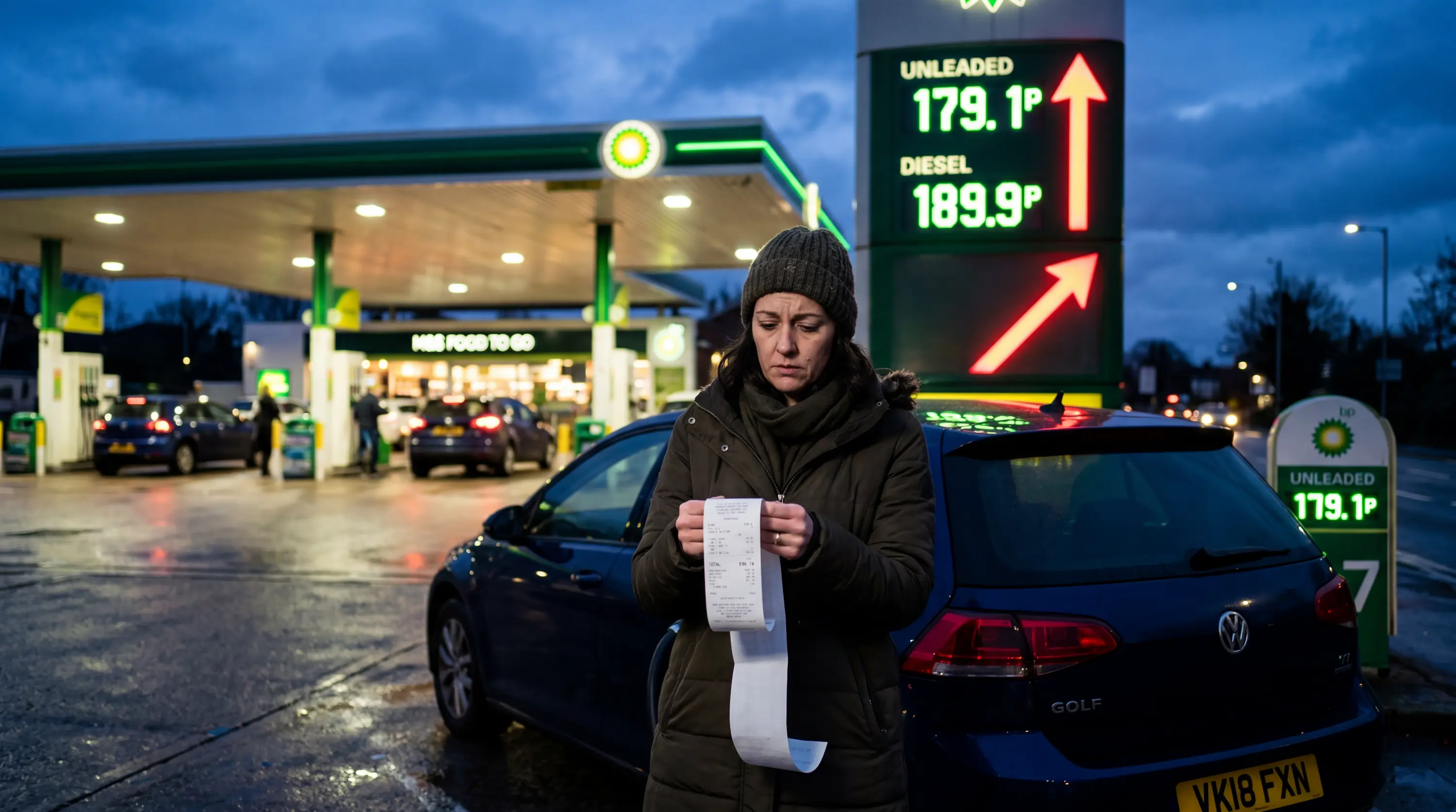 UK petrol station with rising fuel prices displayed on board