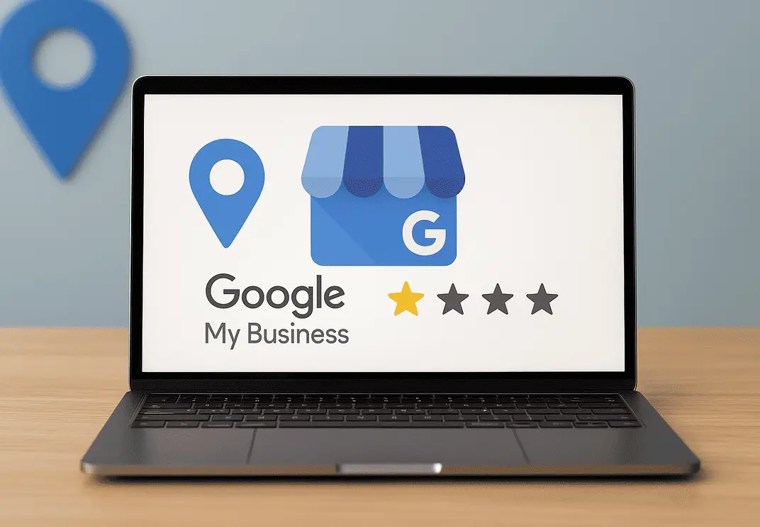 Laptop showing Google Business Profile dashboard with reviews visible