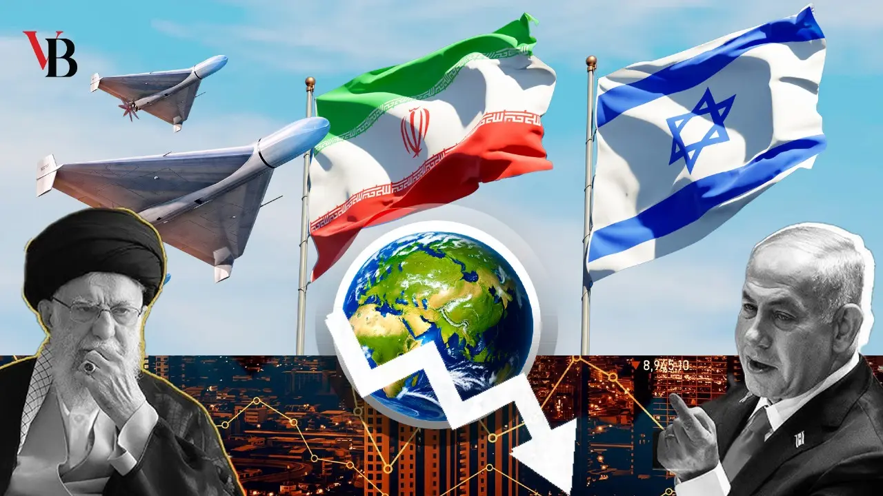 World map, oil chart and news screen representing the Iran conflict and global market impact