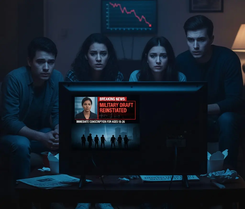 Breaking news style military draft concept with worried civilians and economic uncertainty