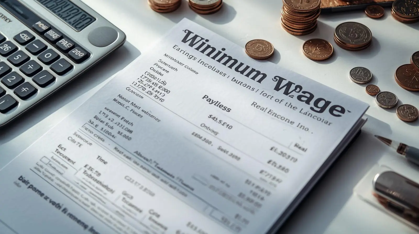 Calculator, payslip and pound coins representing minimum wage income in the UK