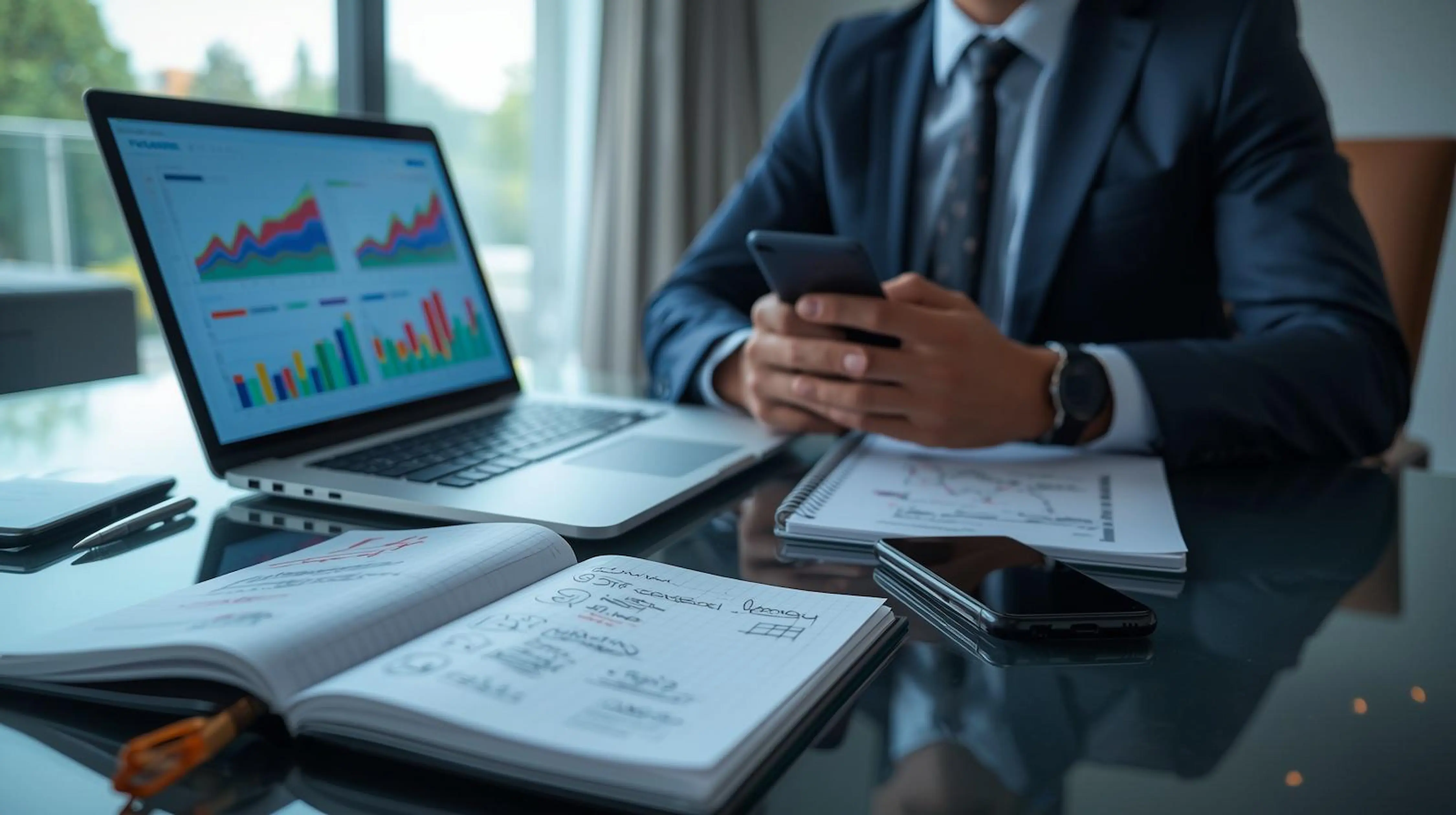 Laptop, notebook and financial planning concept for multiple income streams