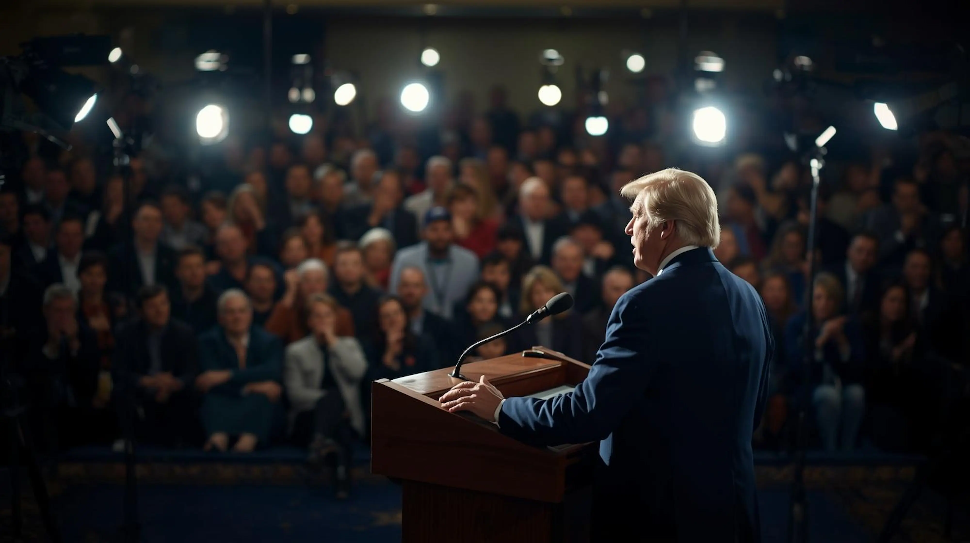 Public figure speaking with flashing cameras and media attention
