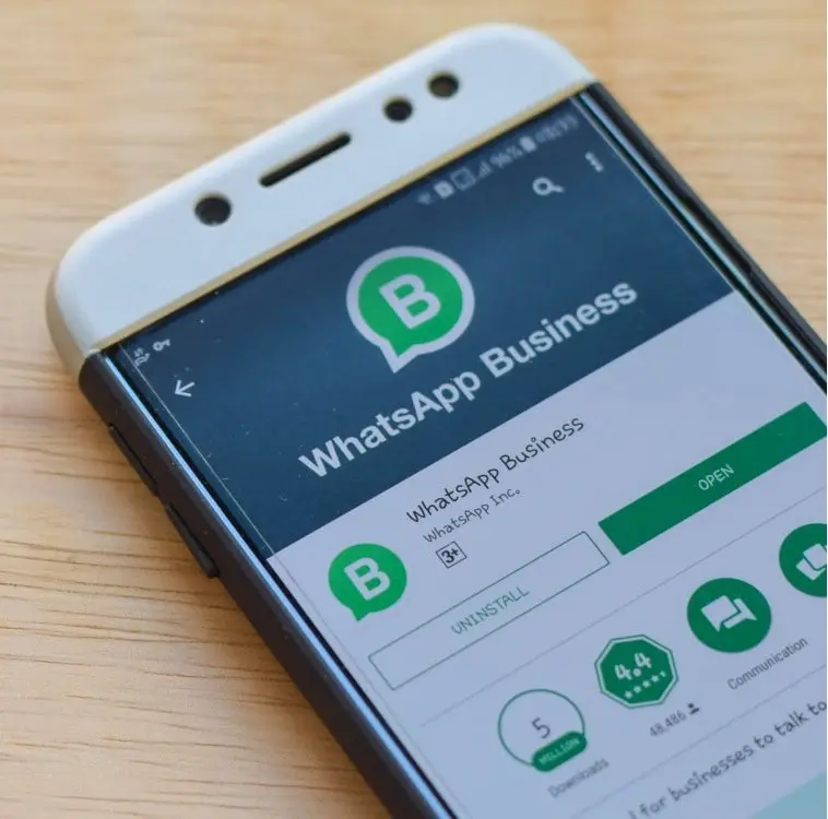 Phone showing WhatsApp Business chat and product messages